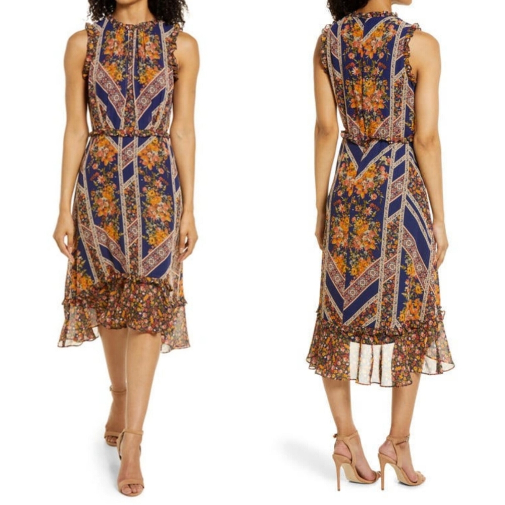 Julia Jordan Ruffle Scarf Paisley Midi Dress Sz 14 Sleeveless